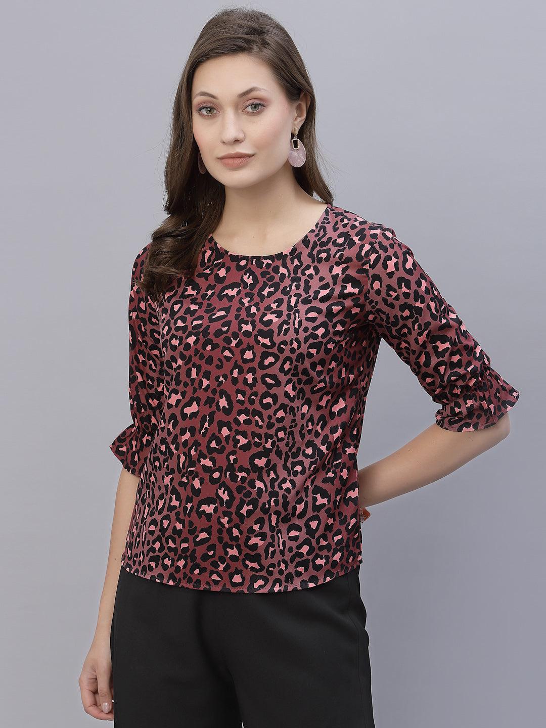 Style Quotient Women Brown and Black Animal Printed Polyester Smart Casual Top-Tops-StyleQuotient
