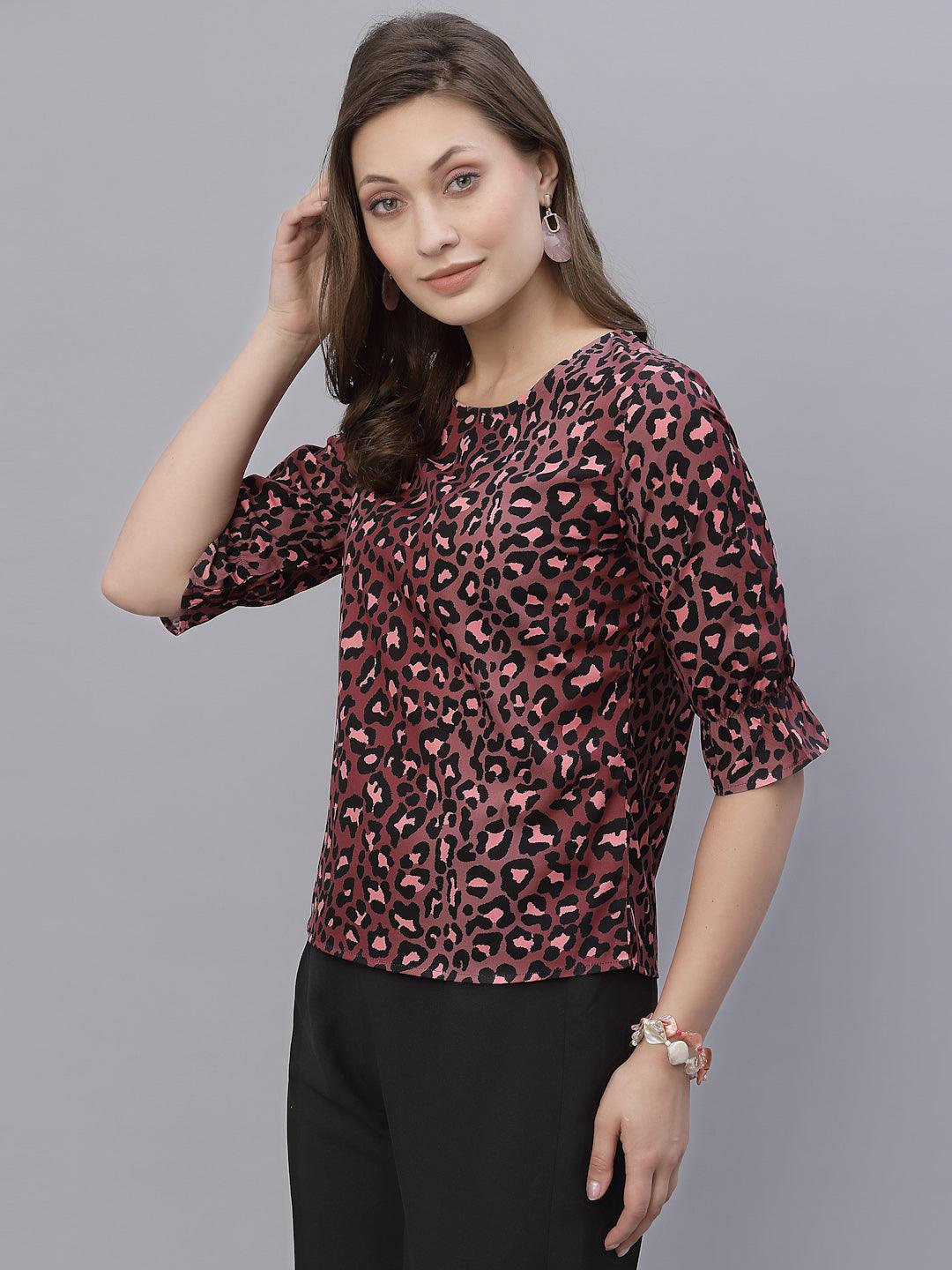Style Quotient Women Brown and Black Animal Printed Polyester Smart Casual Top-Tops-StyleQuotient