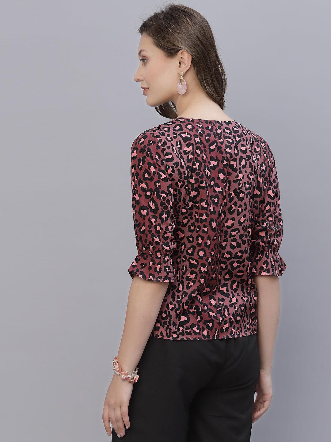 Style Quotient Women Brown and Black Animal Printed Polyester Smart Casual Top-Tops-StyleQuotient