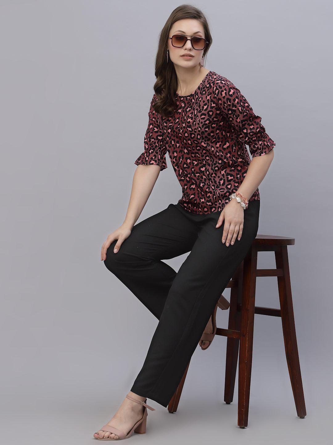 Style Quotient Women Brown and Black Animal Printed Polyester Smart Casual Top-Tops-StyleQuotient