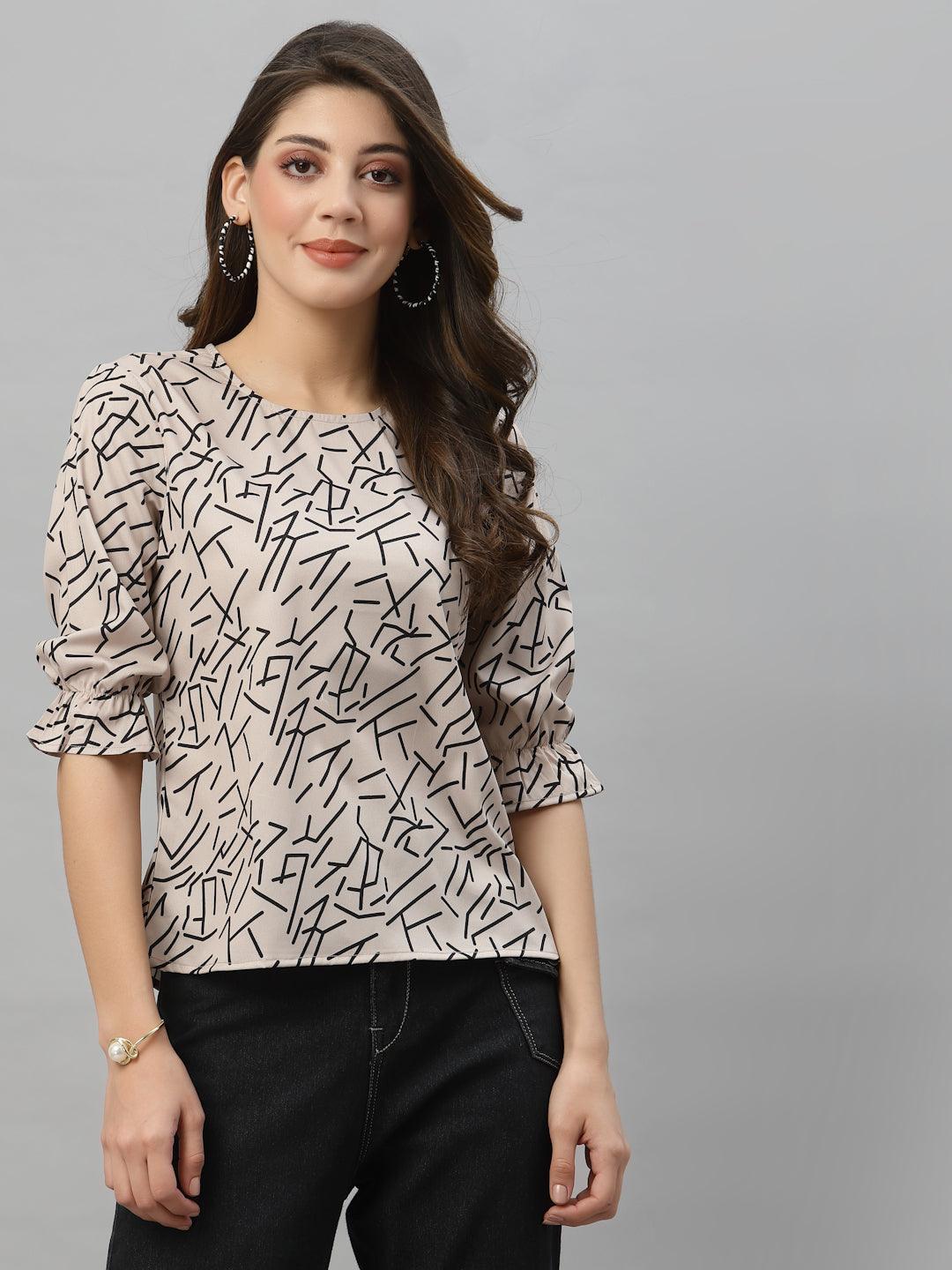 Style Quotient Women Nude and Black Abstract Printed Polyester Smart Casual Top-Tops-StyleQuotient