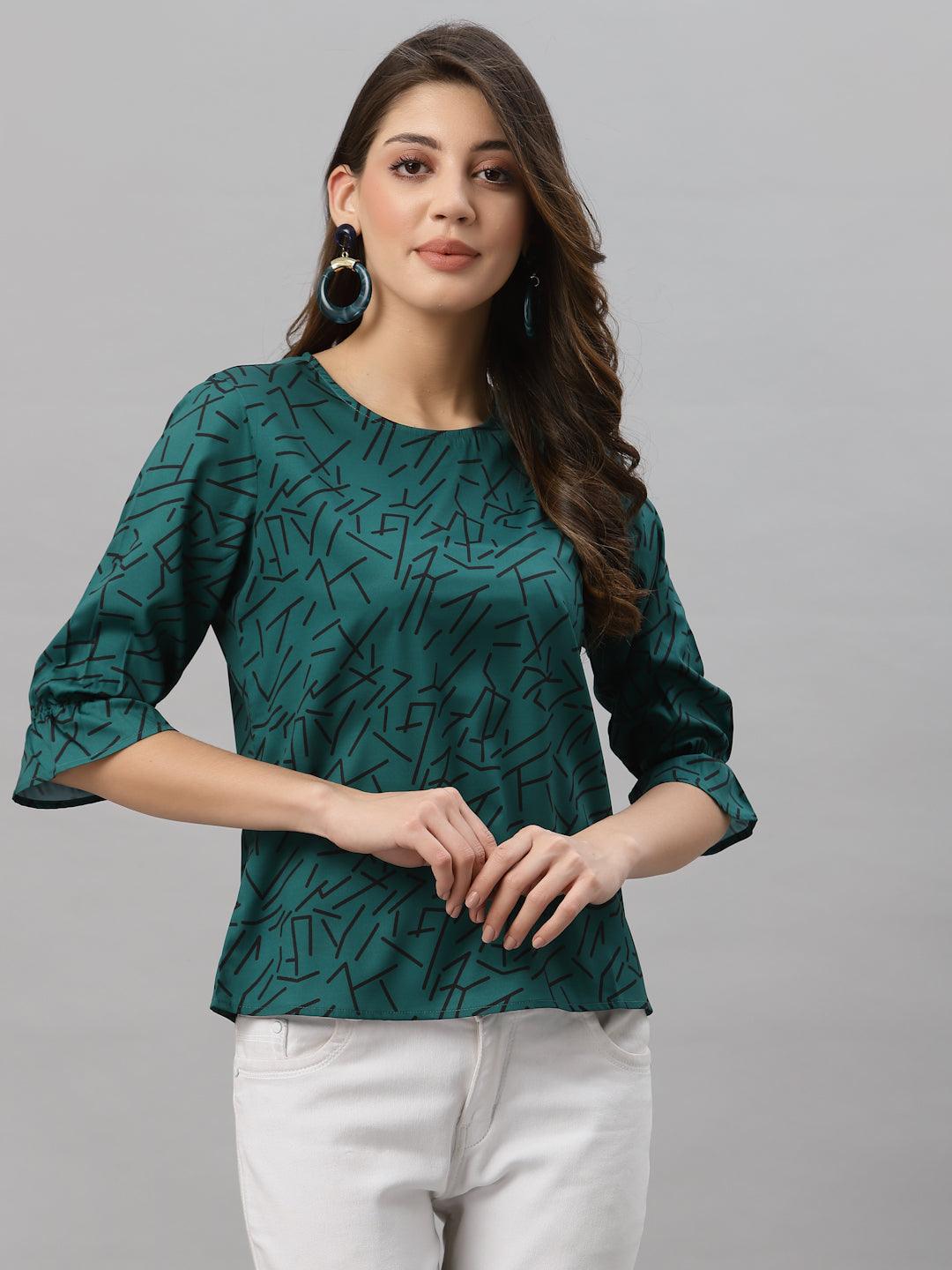 Style Quotient Women Bottle Green and Black Abstract Printed Polyester Smart Casual Top-Tops-StyleQuotient