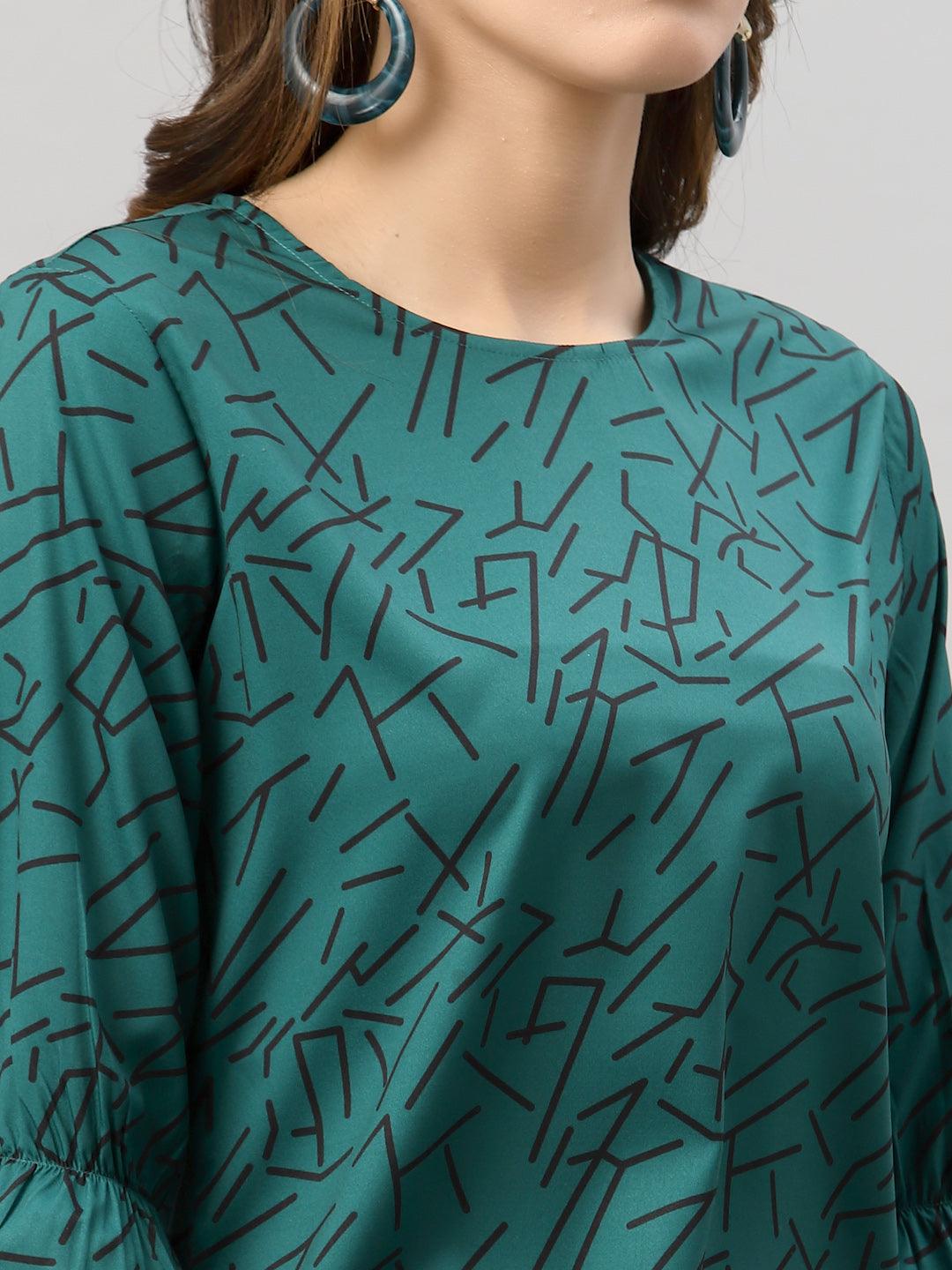 Style Quotient Women Bottle Green and Black Abstract Printed Polyester Smart Casual Top-Tops-StyleQuotient