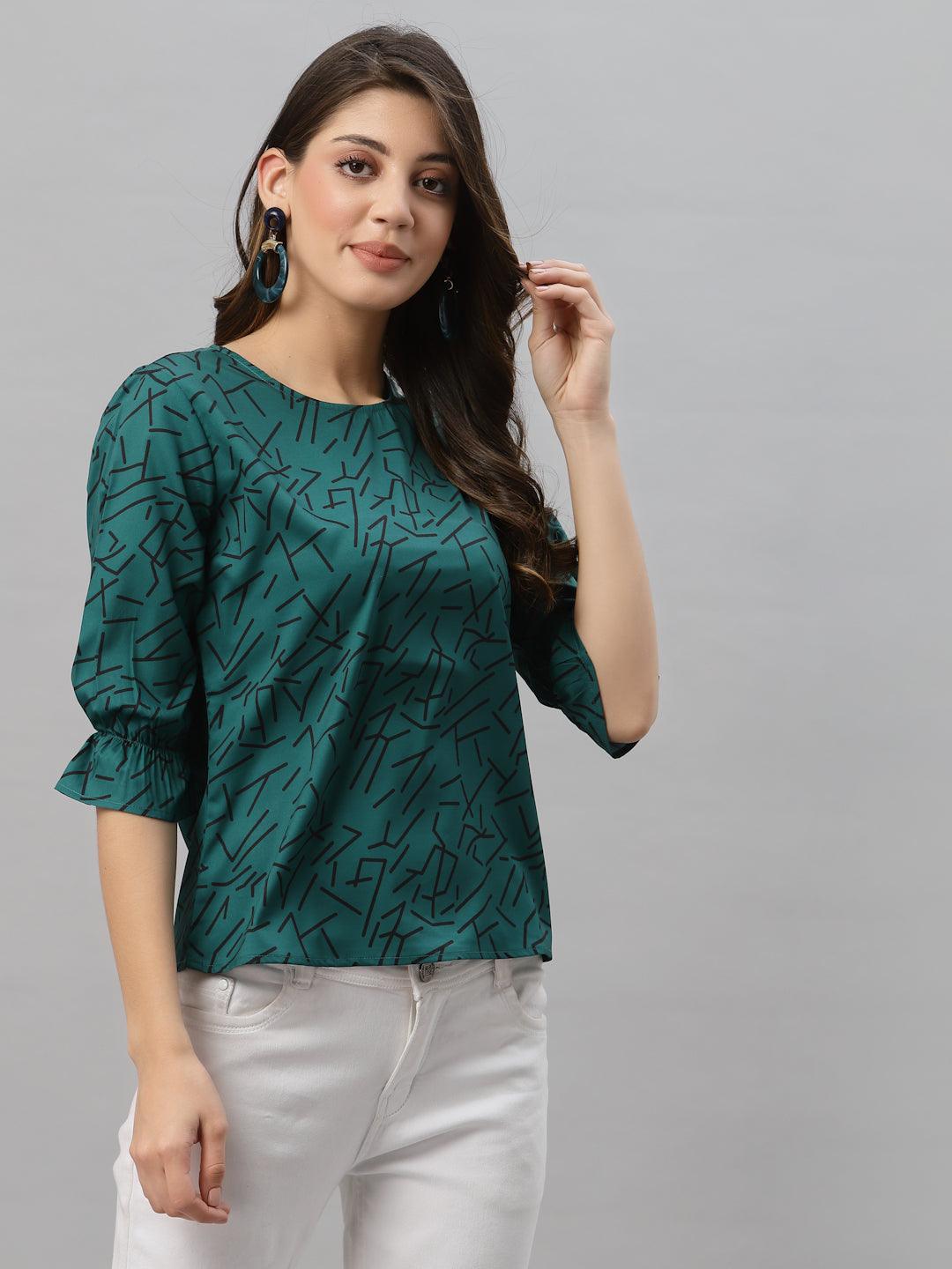 Style Quotient Women Bottle Green and Black Abstract Printed Polyester Smart Casual Top-Tops-StyleQuotient
