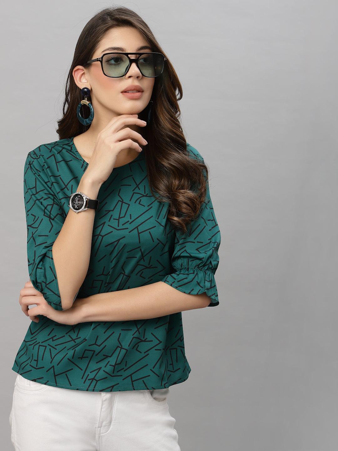 Style Quotient Women Bottle Green and Black Abstract Printed Polyester Smart Casual Top-Tops-StyleQuotient