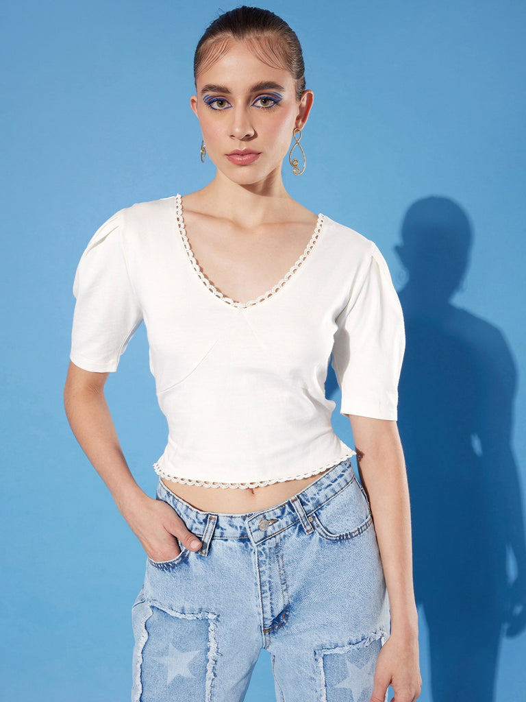 Style Quotient women White Solid Cotton Styled Back Crop Top-Tops-StyleQuotient