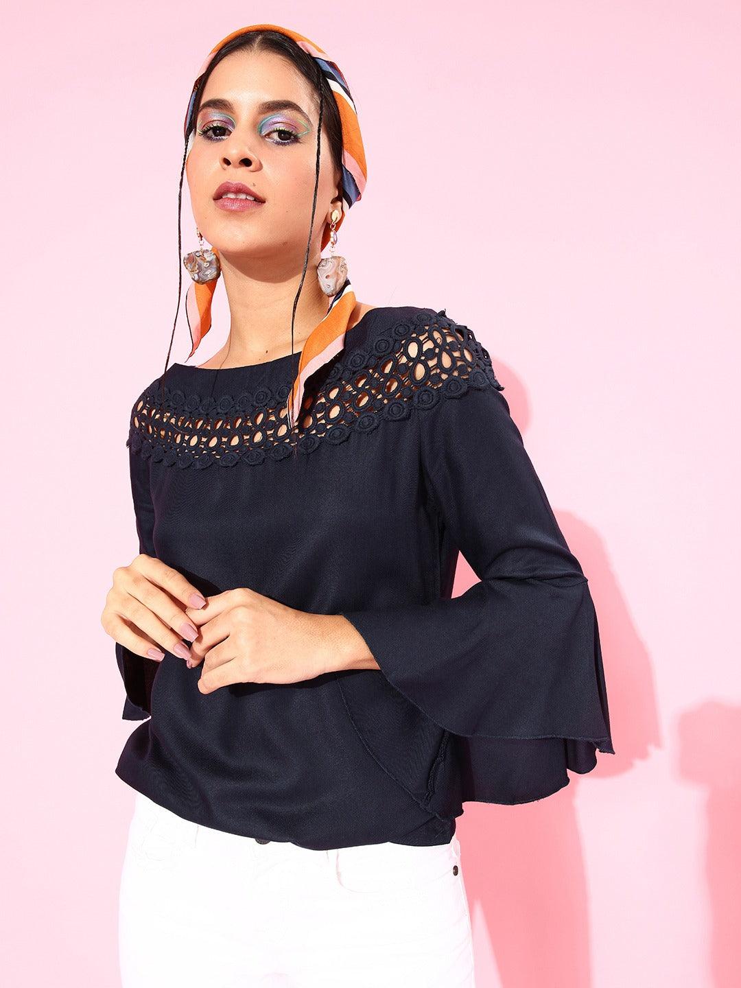 Style Quotient Women Navy Blue Lace Top-Tops-StyleQuotient