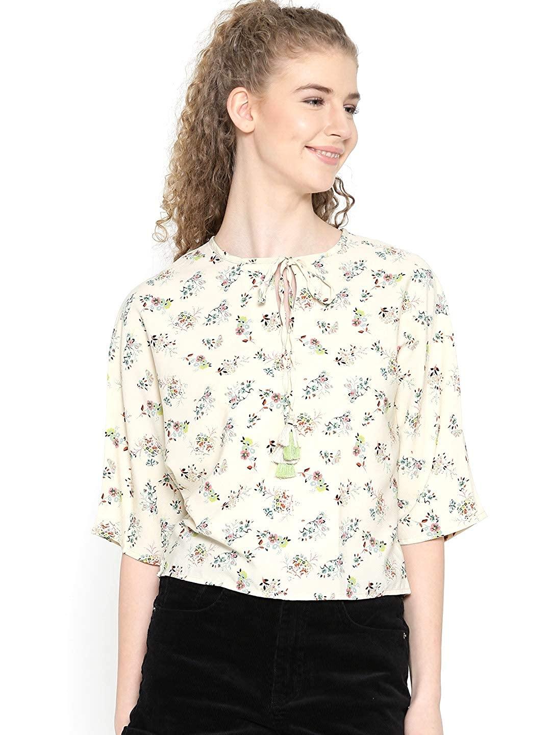 Style Quotient Women Cream Tie-Up Neck Floral Fashion Tops-Tops-StyleQuotient