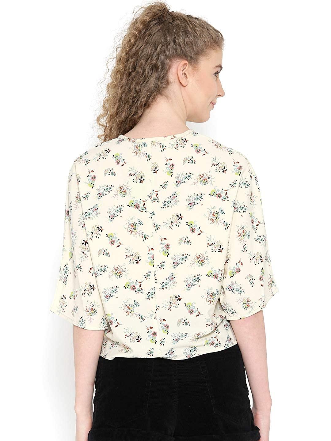 Style Quotient Women Cream Tie-Up Neck Floral Fashion Tops-Tops-StyleQuotient