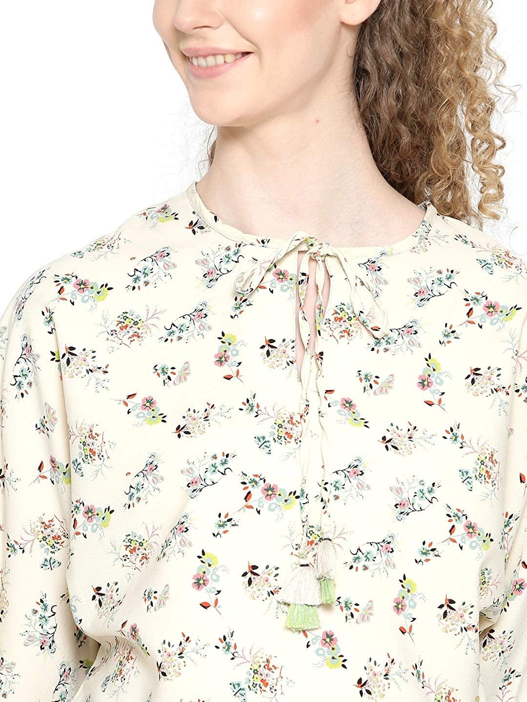 Style Quotient Women Cream Tie-Up Neck Floral Fashion Tops-Tops-StyleQuotient