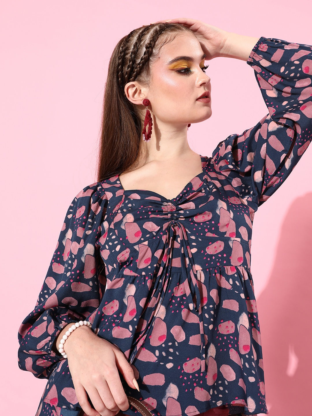Style Quotient Women Navy Blue & Pink Print Sweetheart Neck Top-Tops-StyleQuotient