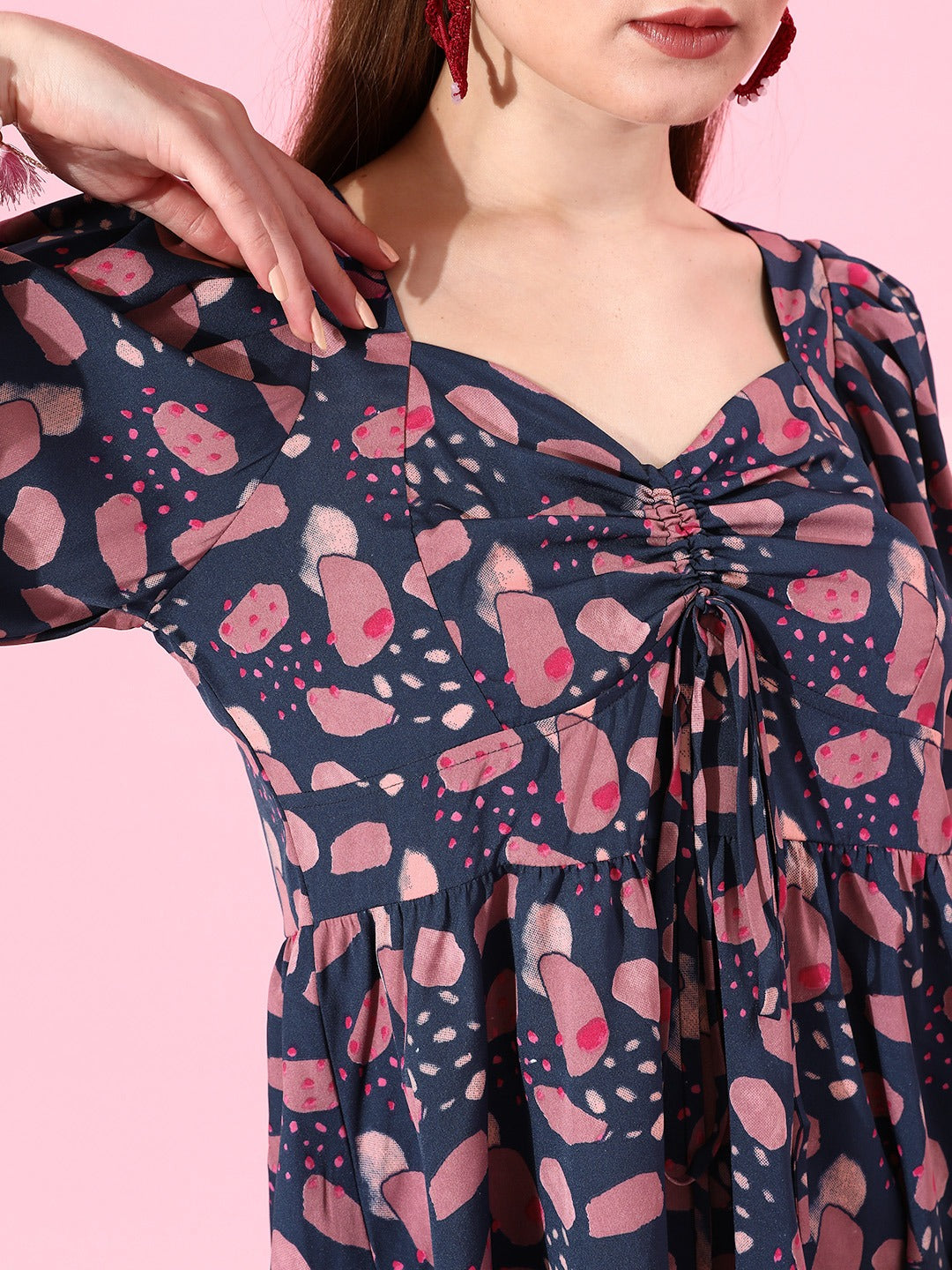 Style Quotient Women Navy Blue & Pink Print Sweetheart Neck Top-Tops-StyleQuotient