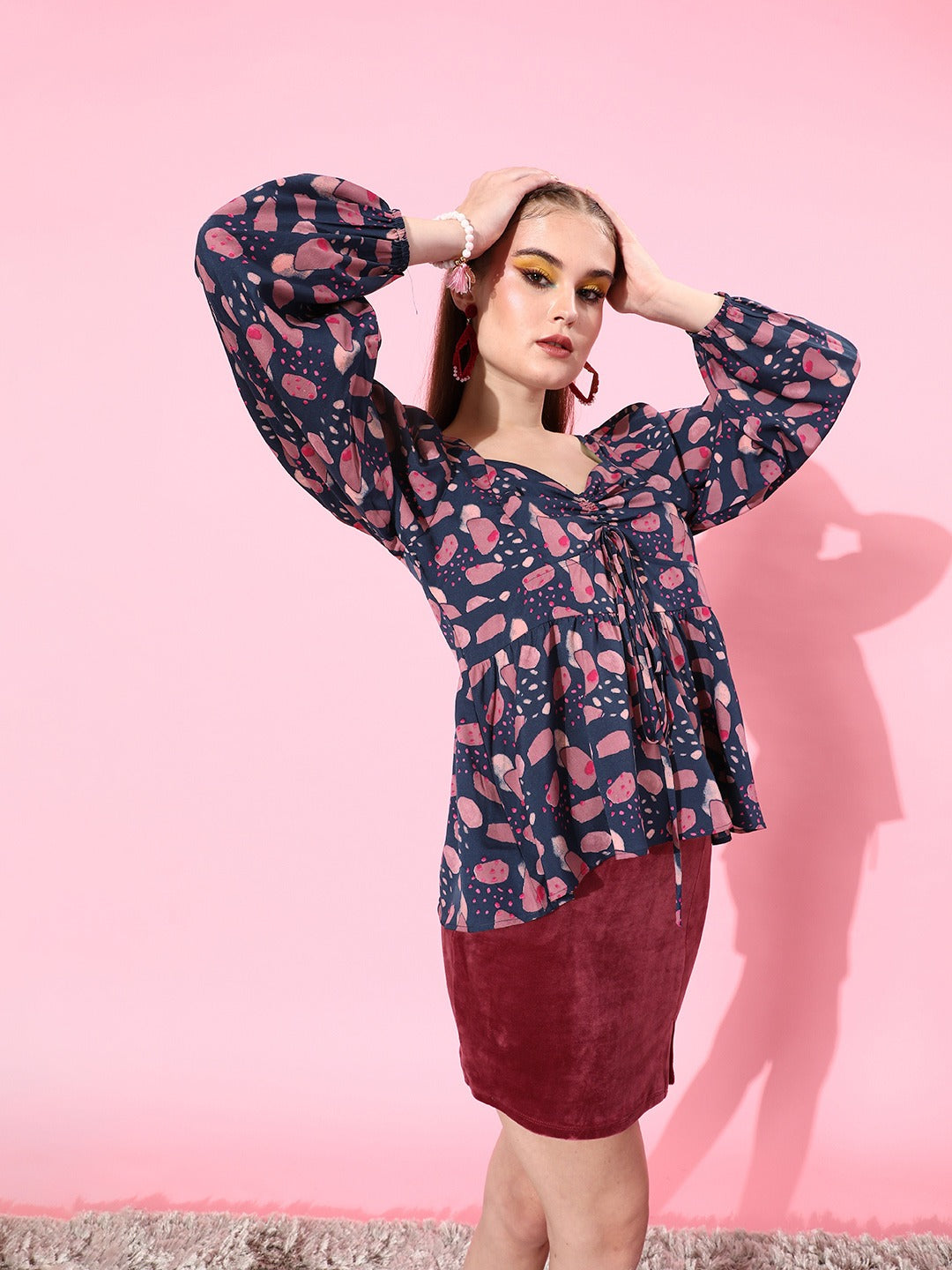 Style Quotient Women Navy Blue & Pink Print Sweetheart Neck Top-Tops-StyleQuotient