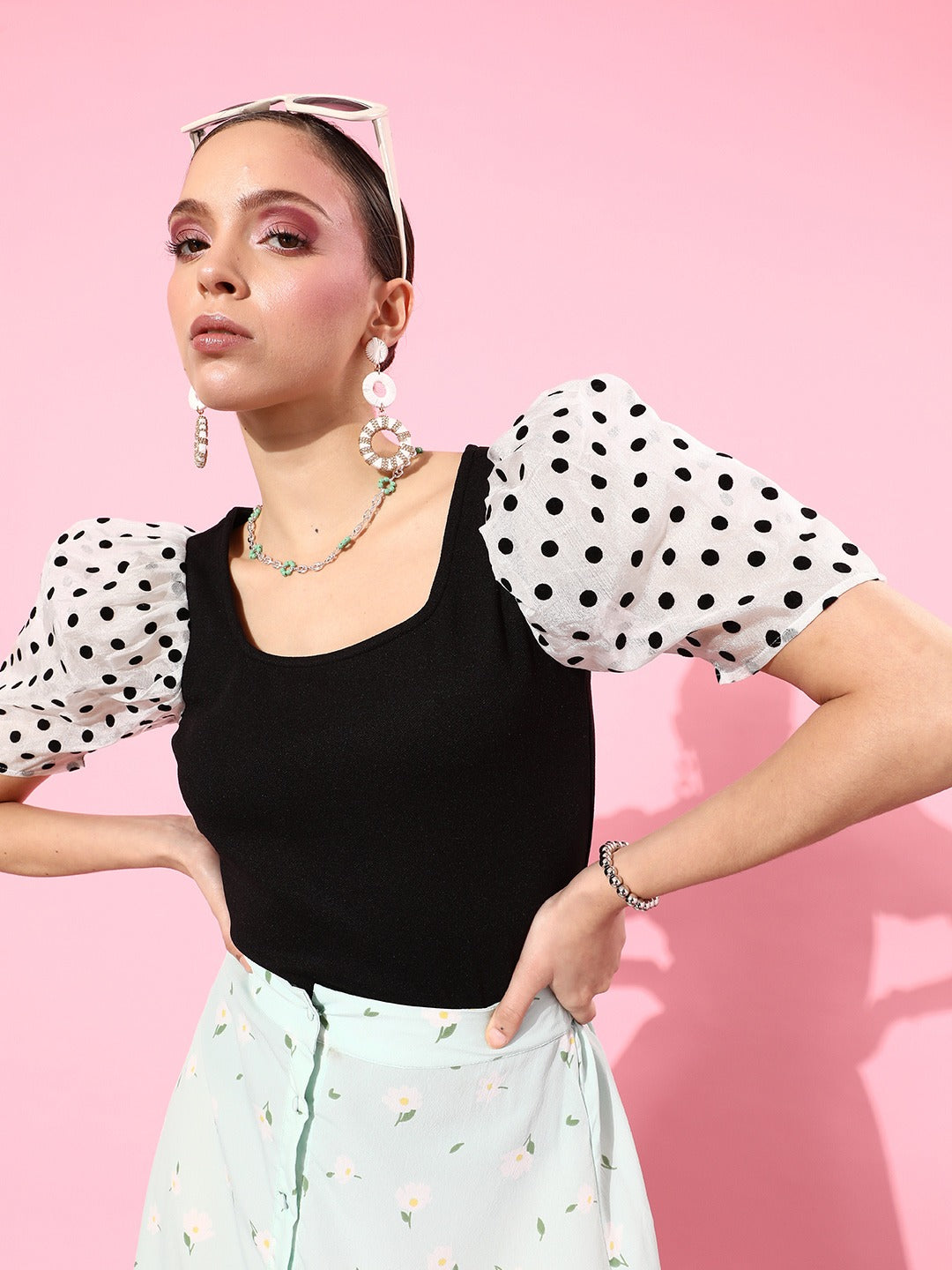 Style Quotient Women Black & White Print Puff Sleeves Monochrome Top-Tops-StyleQuotient