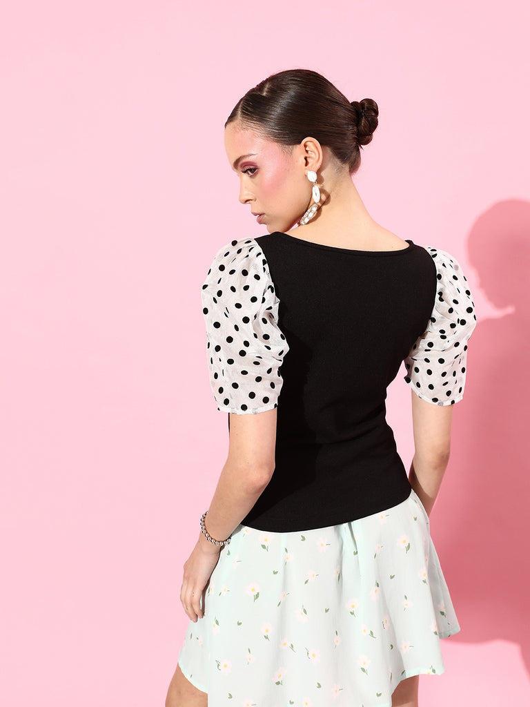 Style Quotient Women Black & White Print Puff Sleeves Monochrome Top-Tops-StyleQuotient