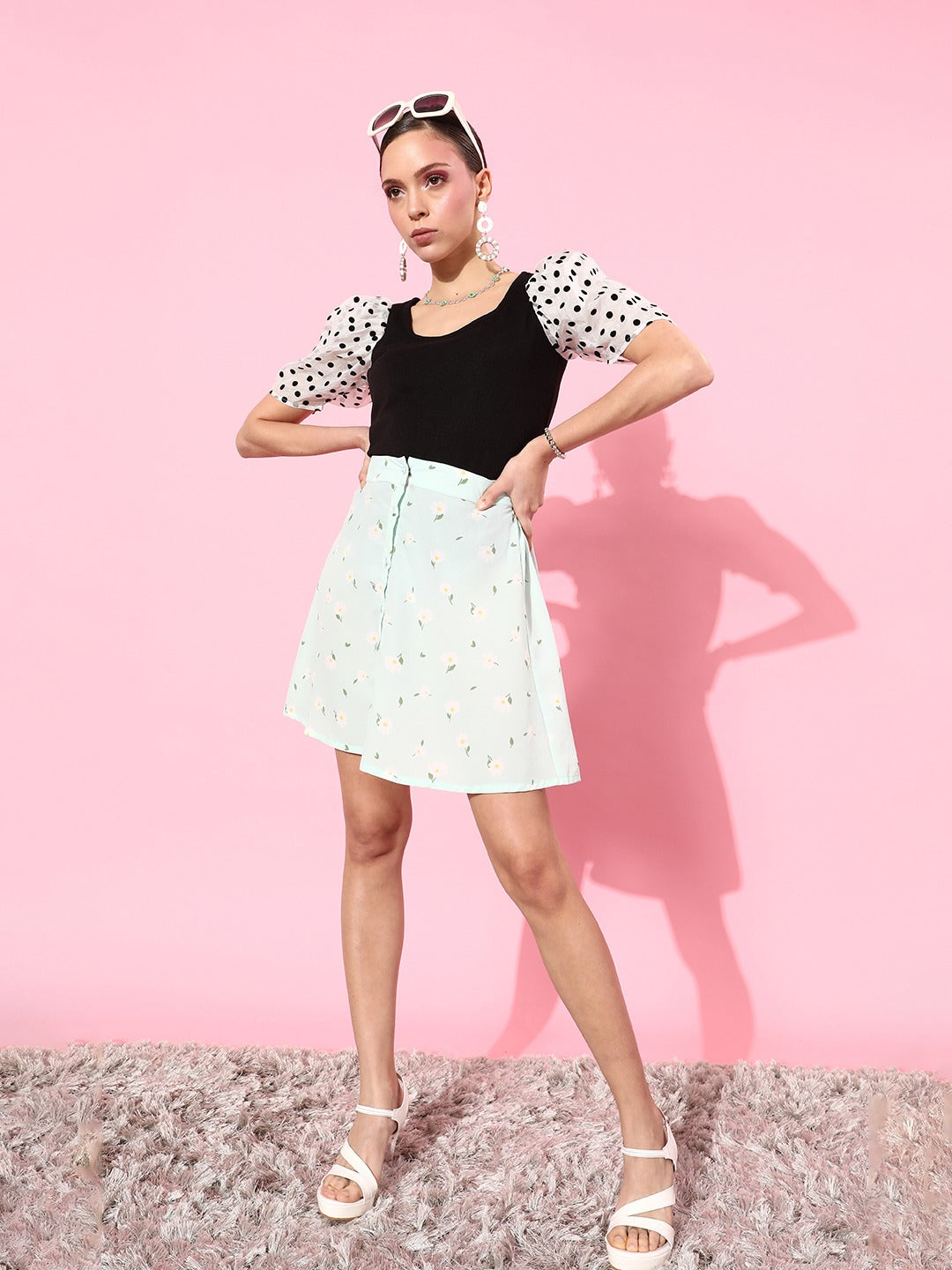 Style Quotient Women Black & White Print Puff Sleeves Monochrome Top-Tops-StyleQuotient