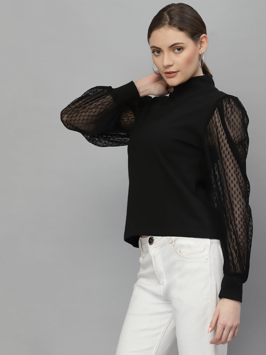 Style Quotient Women Black Self Deign Pure Cotton Top-Tops-StyleQuotient