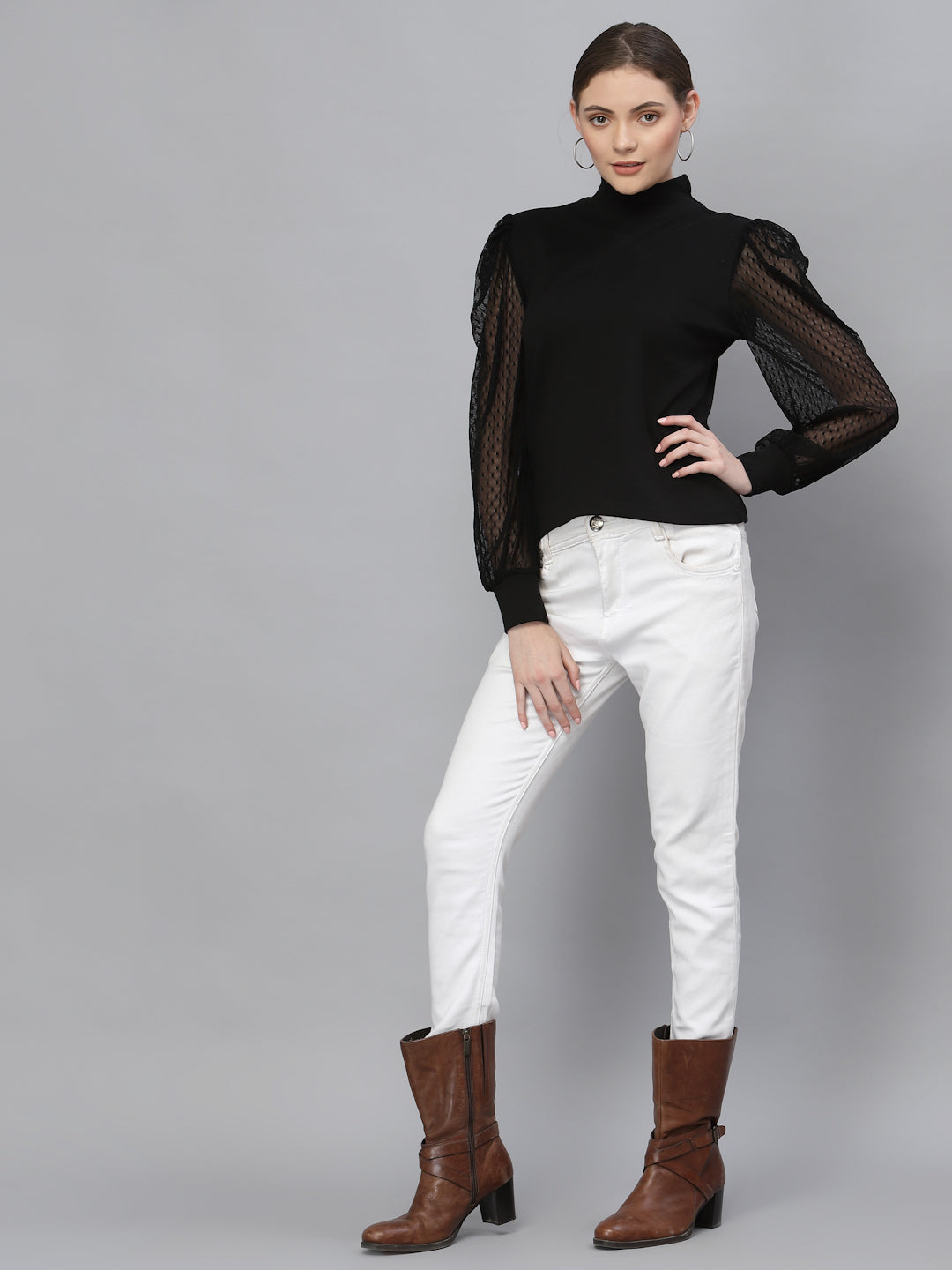 Style Quotient Women Black Self Deign Pure Cotton Top-Tops-StyleQuotient