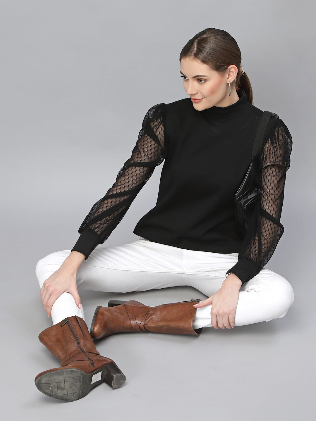 Style Quotient Women Black Self Deign Pure Cotton Top-Tops-StyleQuotient