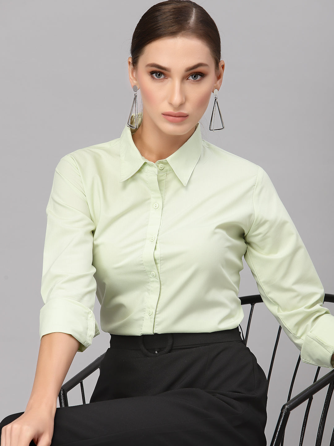 Style Quotient Women Solid Light Green Cotton Regular Formal Shirt-Shirts-StyleQuotient