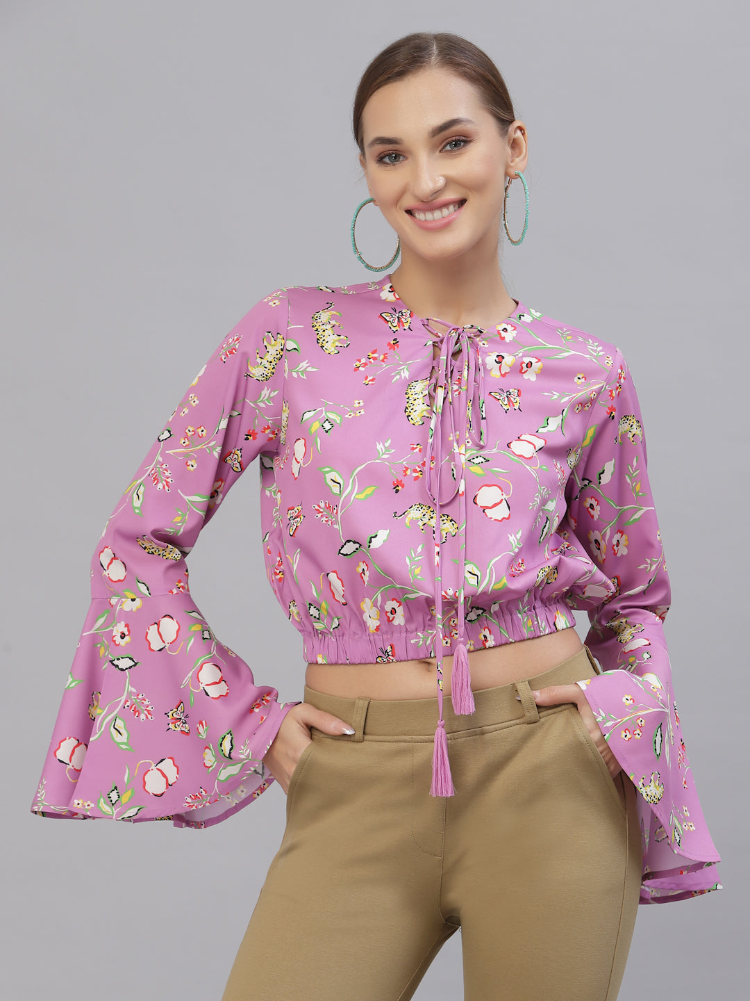 Style Quotient Women Purple Floral Print Tie-Up Neck Blouson Crop Top-Tops-StyleQuotient