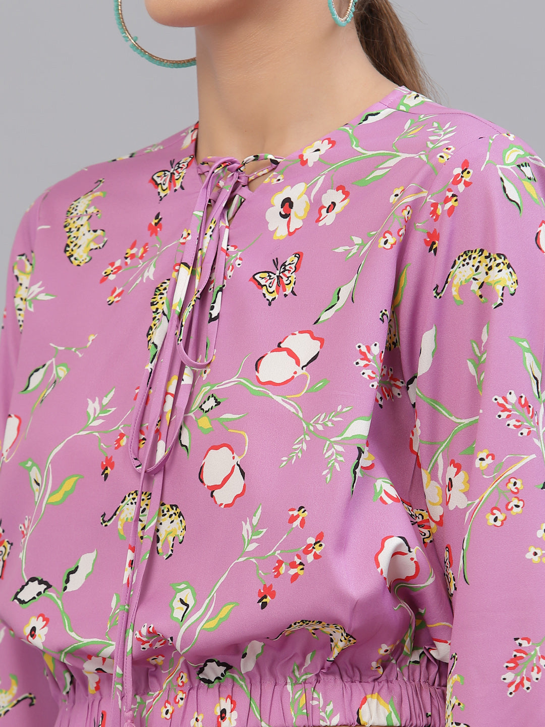 Style Quotient Women Purple Floral Print Tie-Up Neck Blouson Crop Top-Tops-StyleQuotient