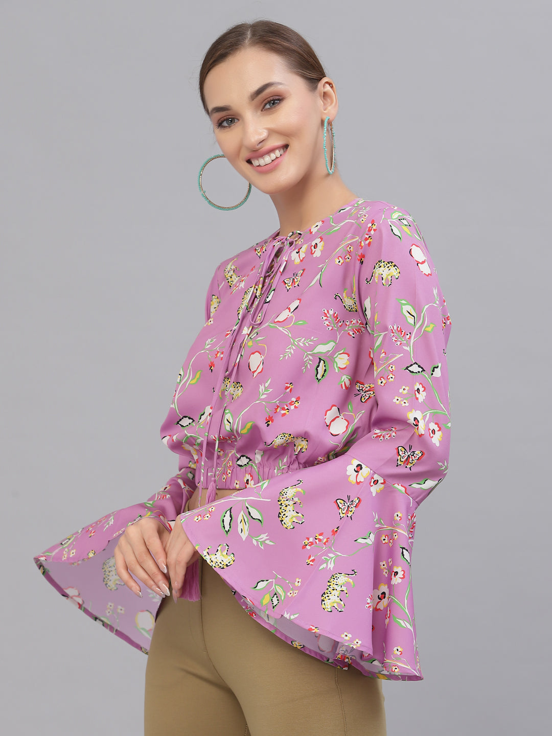 Style Quotient Women Purple Floral Print Tie-Up Neck Blouson Crop Top-Tops-StyleQuotient