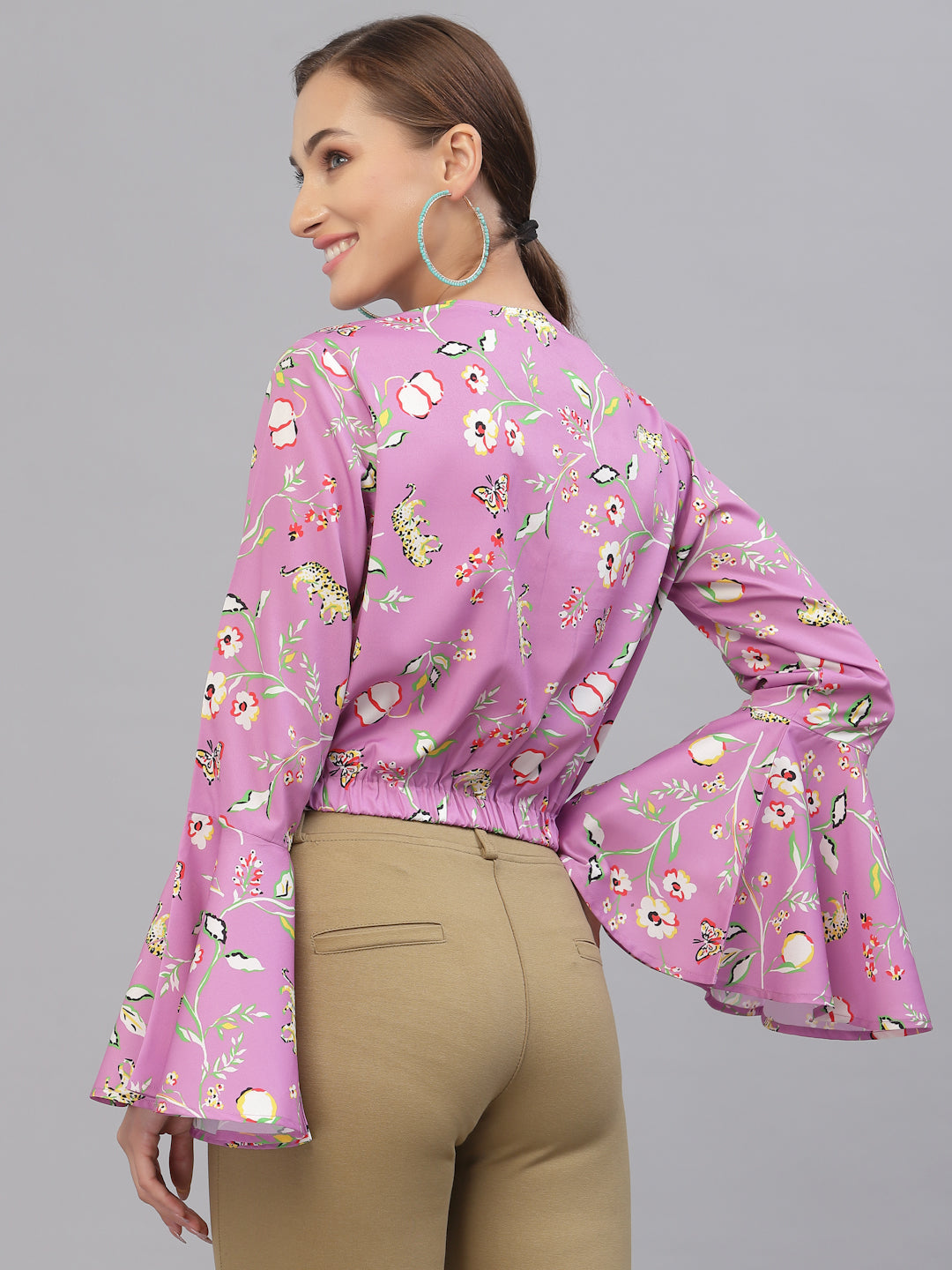 Style Quotient Women Purple Floral Print Tie-Up Neck Blouson Crop Top-Tops-StyleQuotient