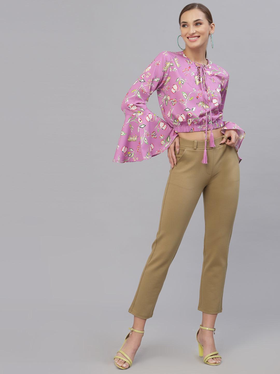 Style Quotient Women Purple Floral Print Tie-Up Neck Blouson Crop Top-Tops-StyleQuotient