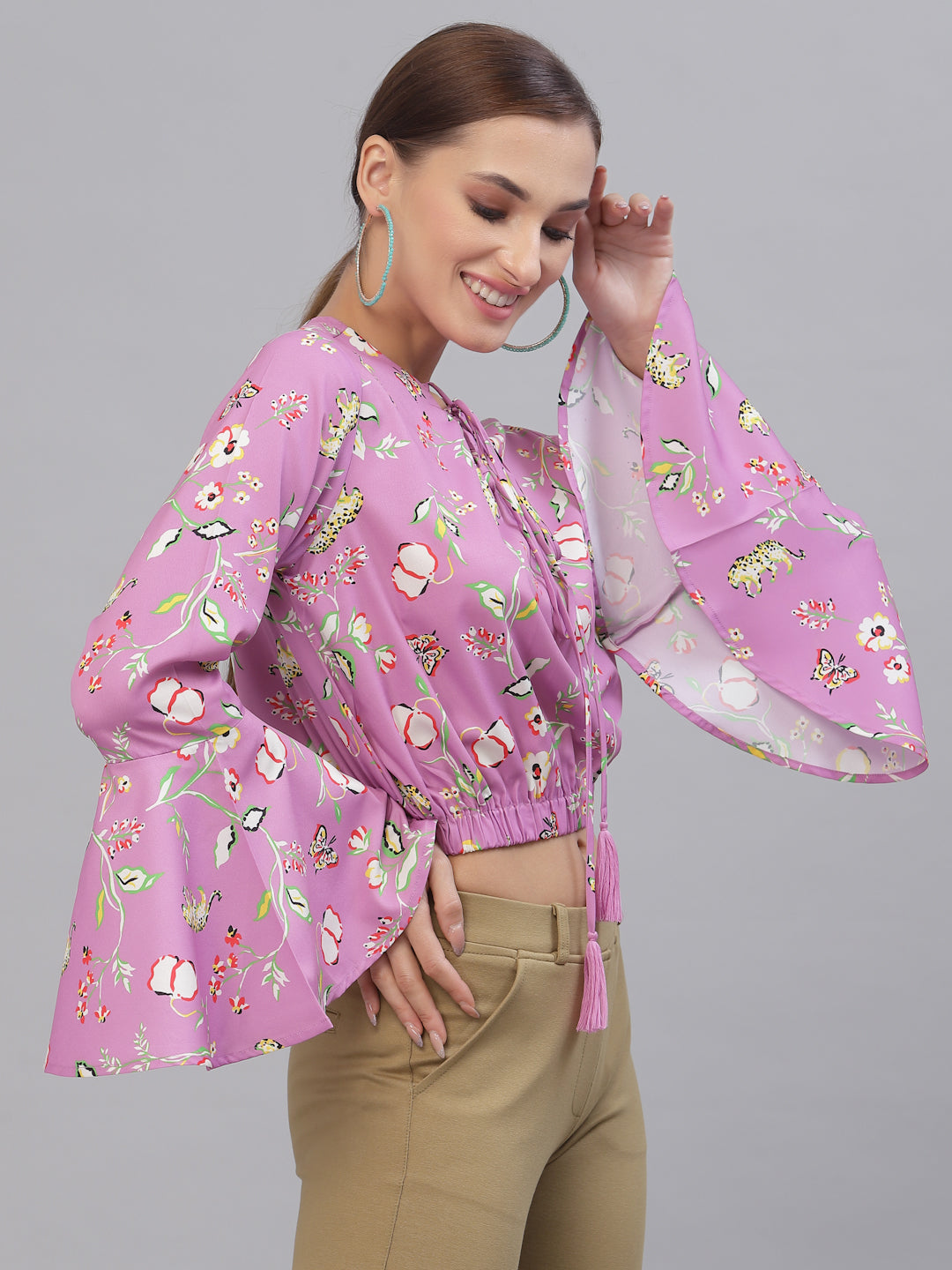 Style Quotient Women Purple Floral Print Tie-Up Neck Blouson Crop Top-Tops-StyleQuotient