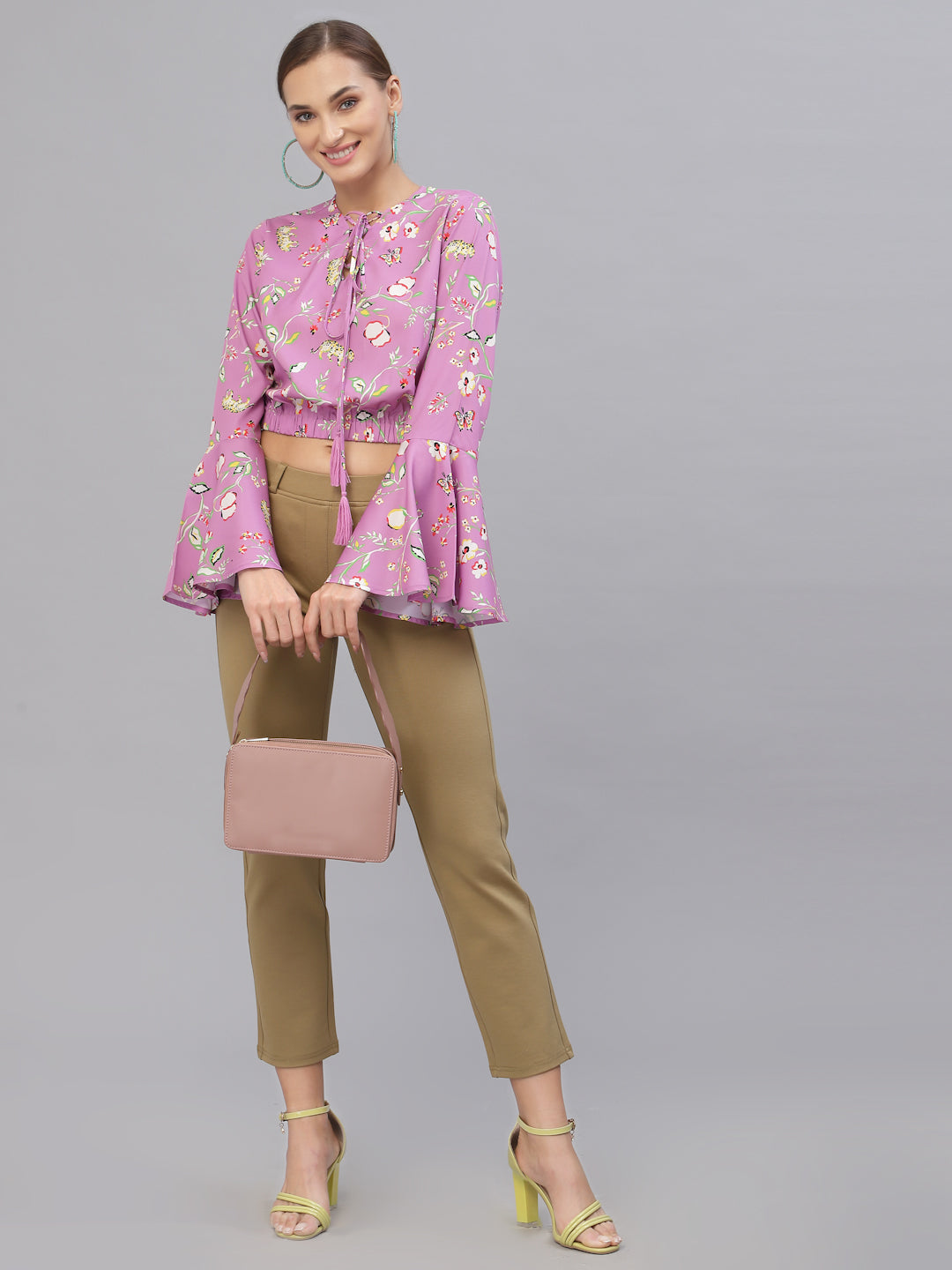 Style Quotient Women Purple Floral Print Tie-Up Neck Blouson Crop Top-Tops-StyleQuotient