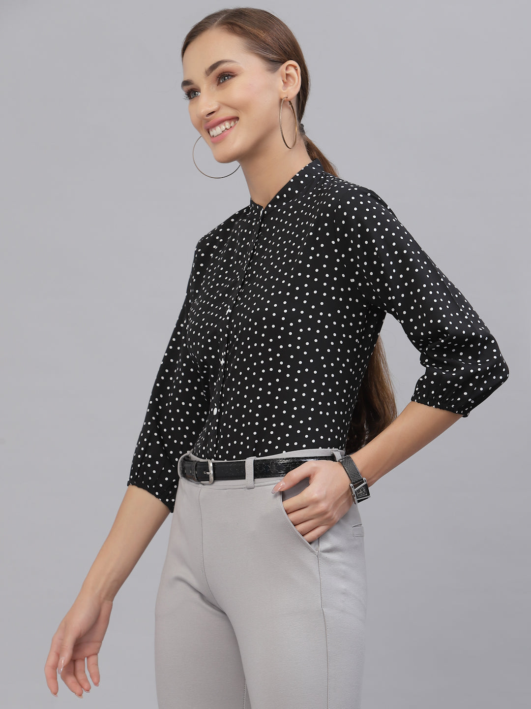 Style Quotient Women Black And White Polka Dot printed Polyester Formal Top-Shirts-StyleQuotient