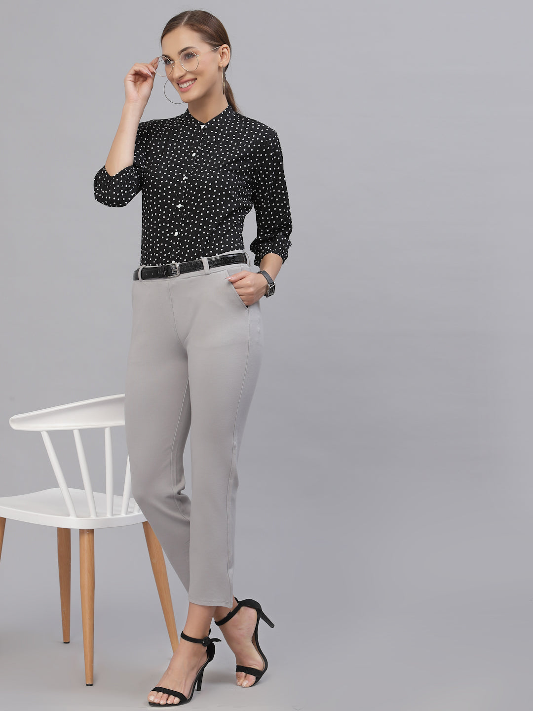 Style Quotient Women Black And White Polka Dot printed Polyester Formal Top-Shirts-StyleQuotient
