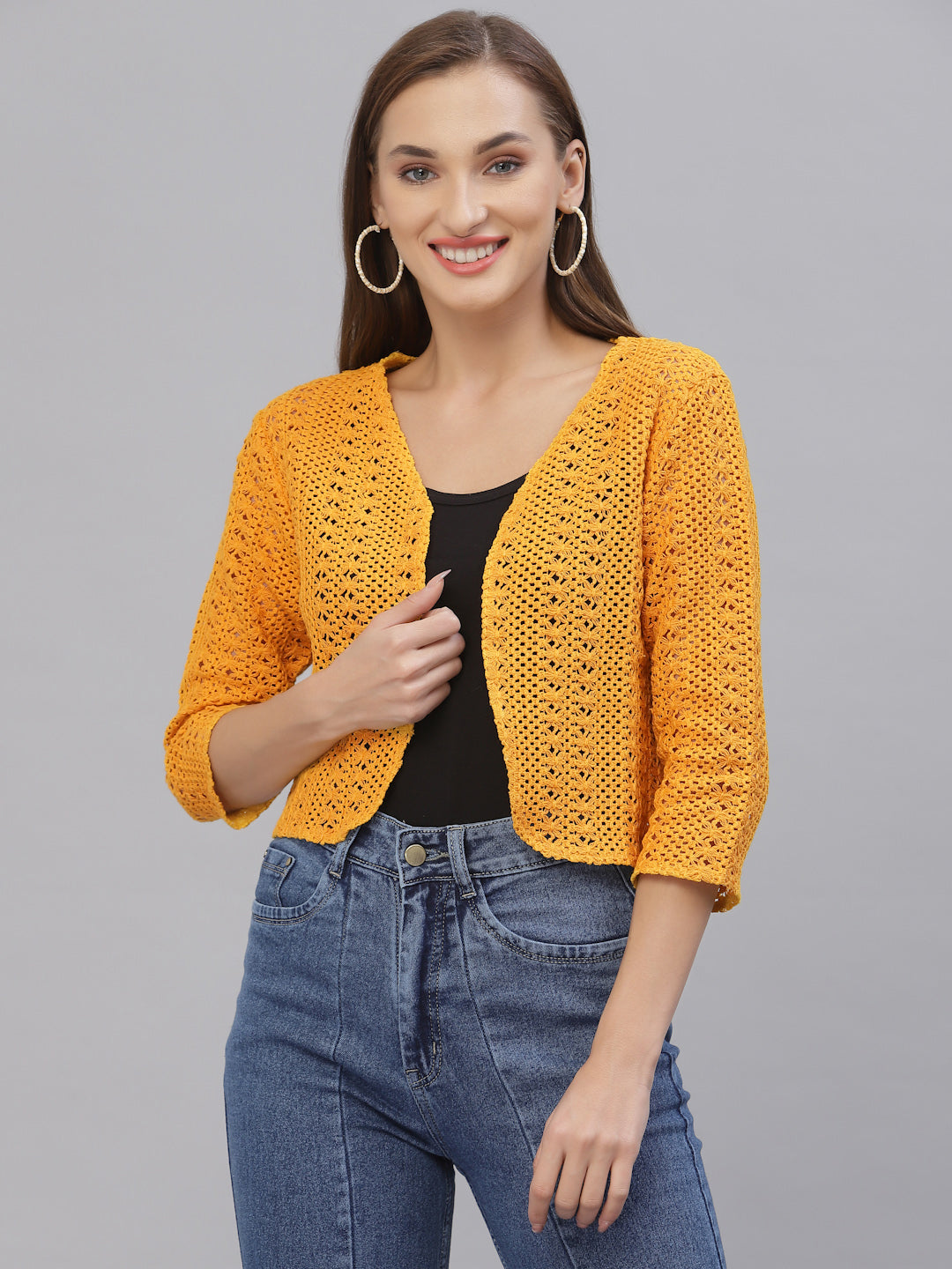 Style Quotient Women Mustard cotton self design lace crop open front shrug-Shrug-StyleQuotient