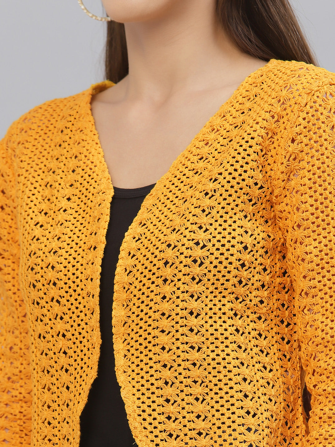 Style Quotient Women Mustard cotton self design lace crop open front shrug-Shrug-StyleQuotient