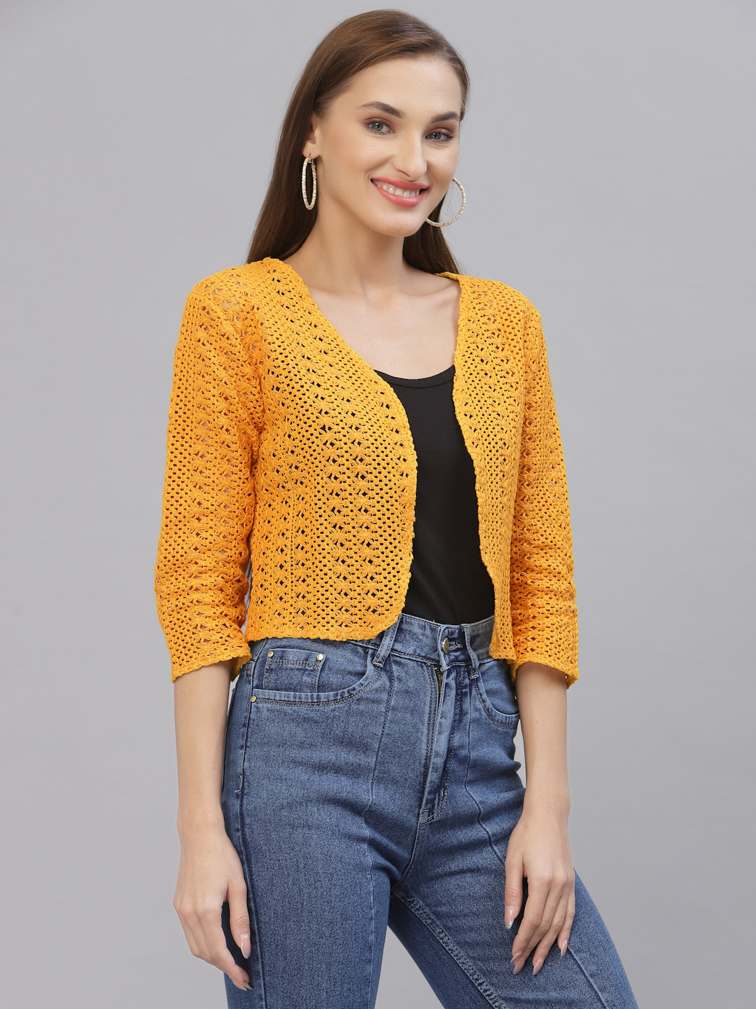 Style Quotient Women Mustard cotton self design lace crop open front shrug-Shrug-StyleQuotient