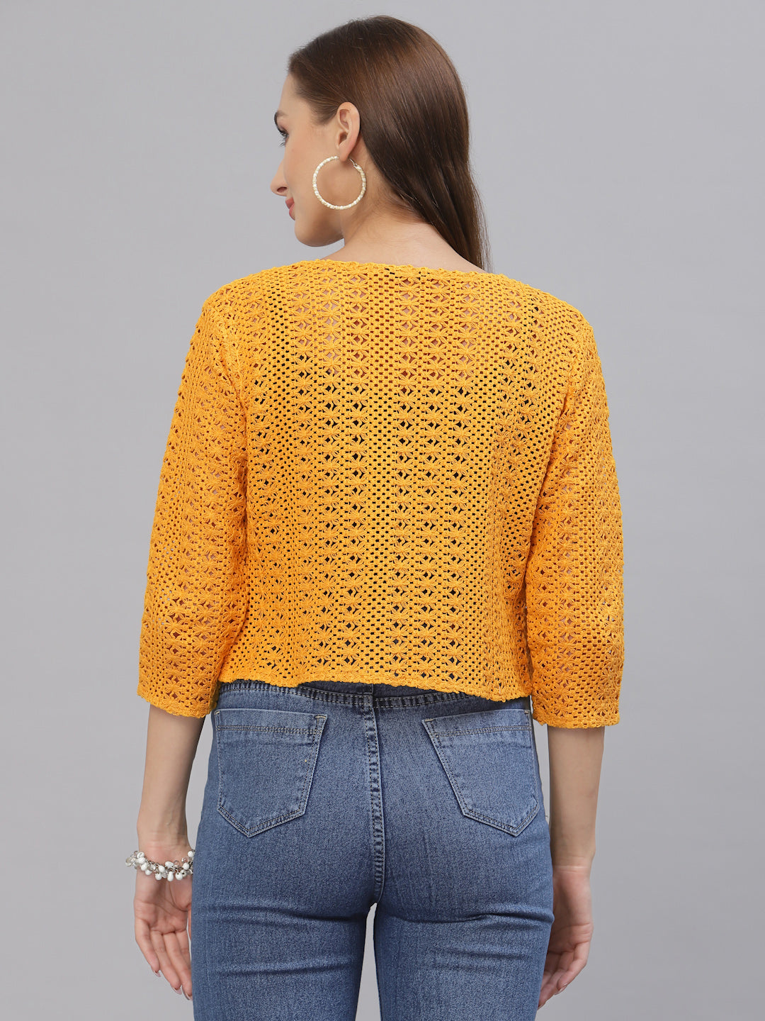 Style Quotient Women Mustard cotton self design lace crop open front shrug-Shrug-StyleQuotient