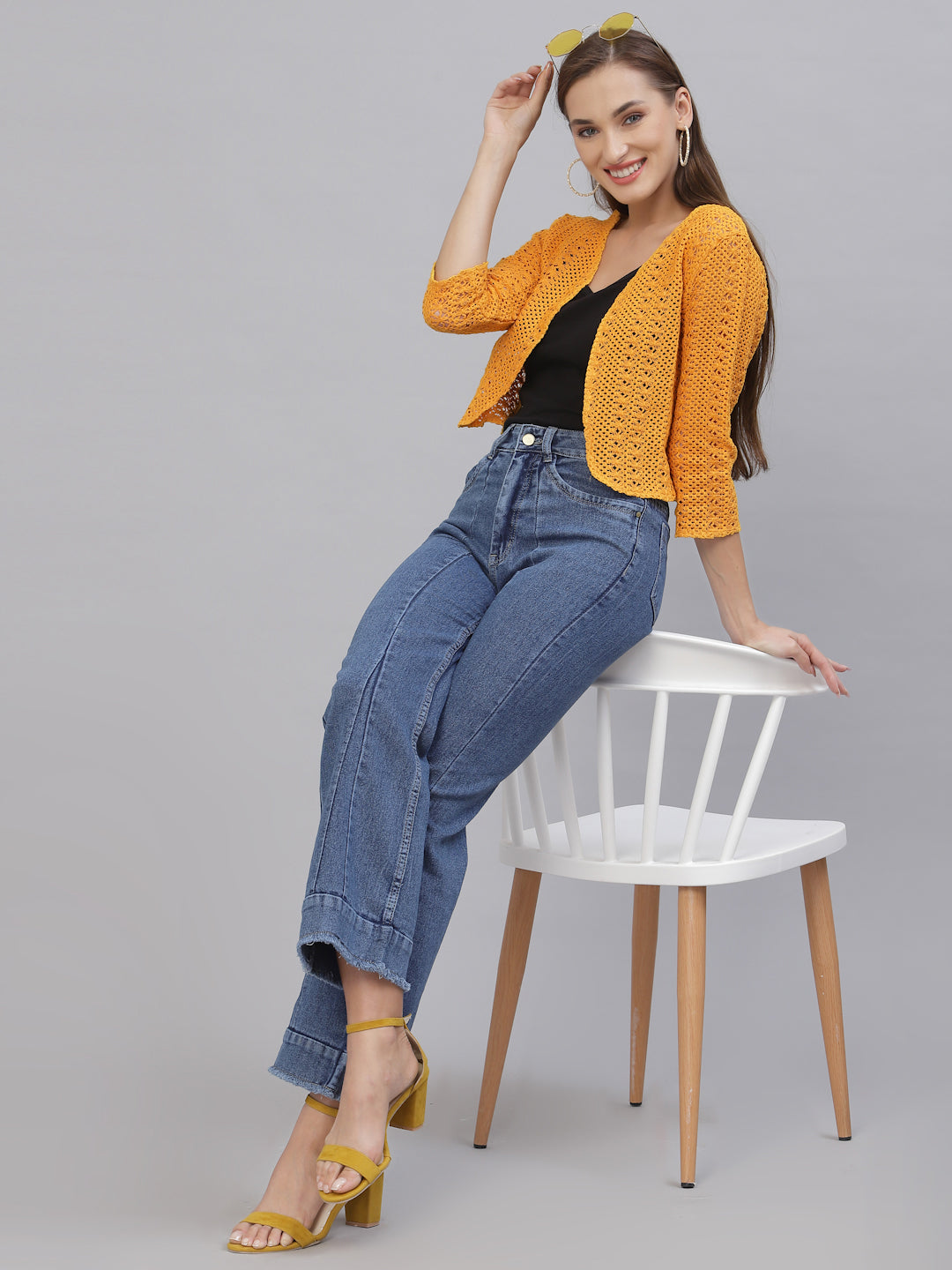 Style Quotient Women Mustard cotton self design lace crop open front shrug-Shrug-StyleQuotient