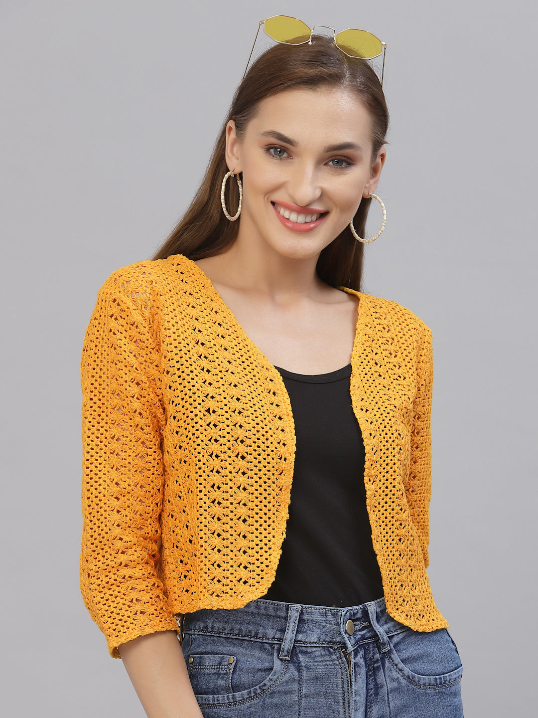 Style Quotient Women Mustard cotton self design lace crop open front shrug-Shrug-StyleQuotient