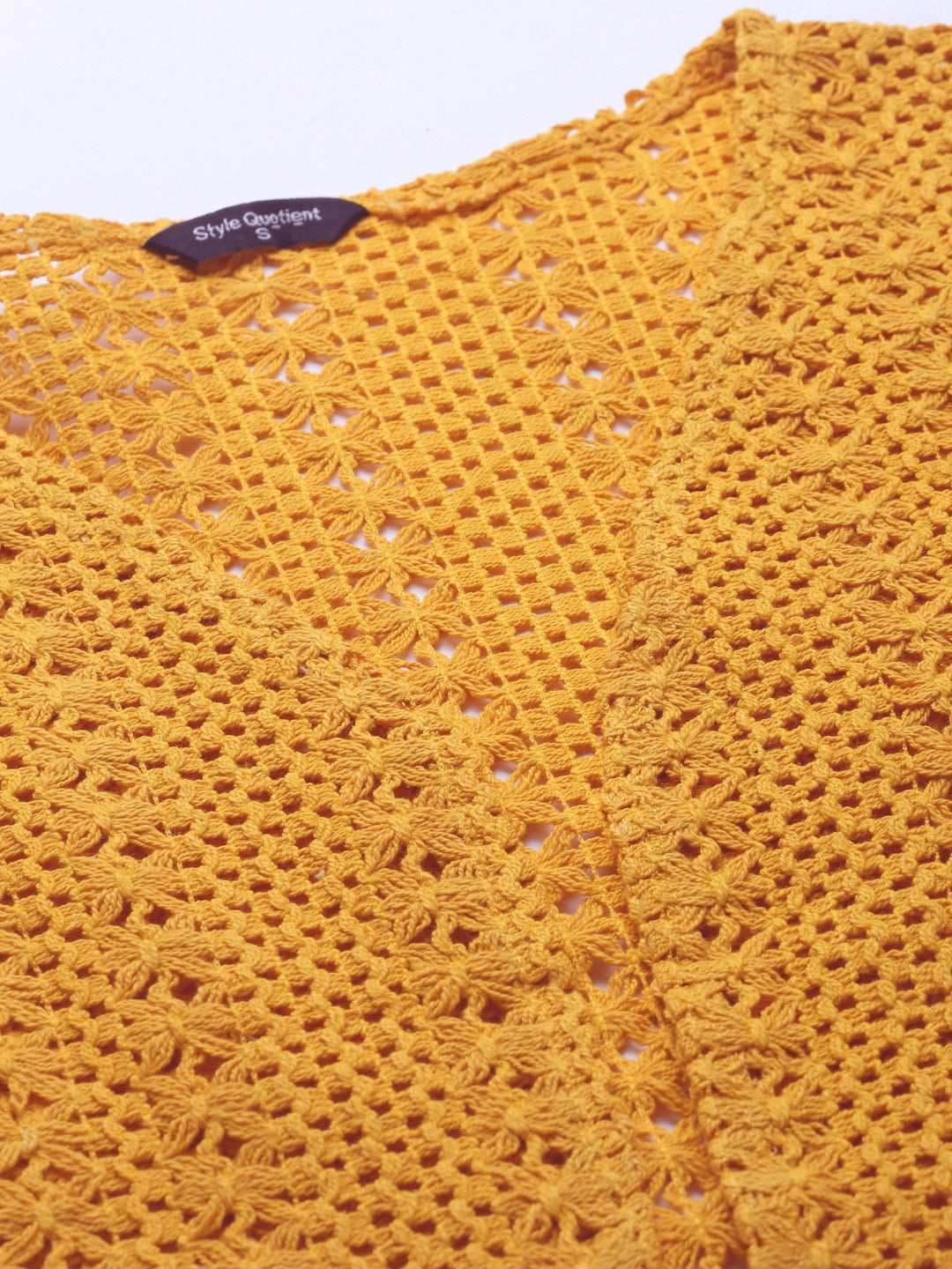 Style Quotient Women Mustard cotton self design lace crop open front shrug-Shrug-StyleQuotient