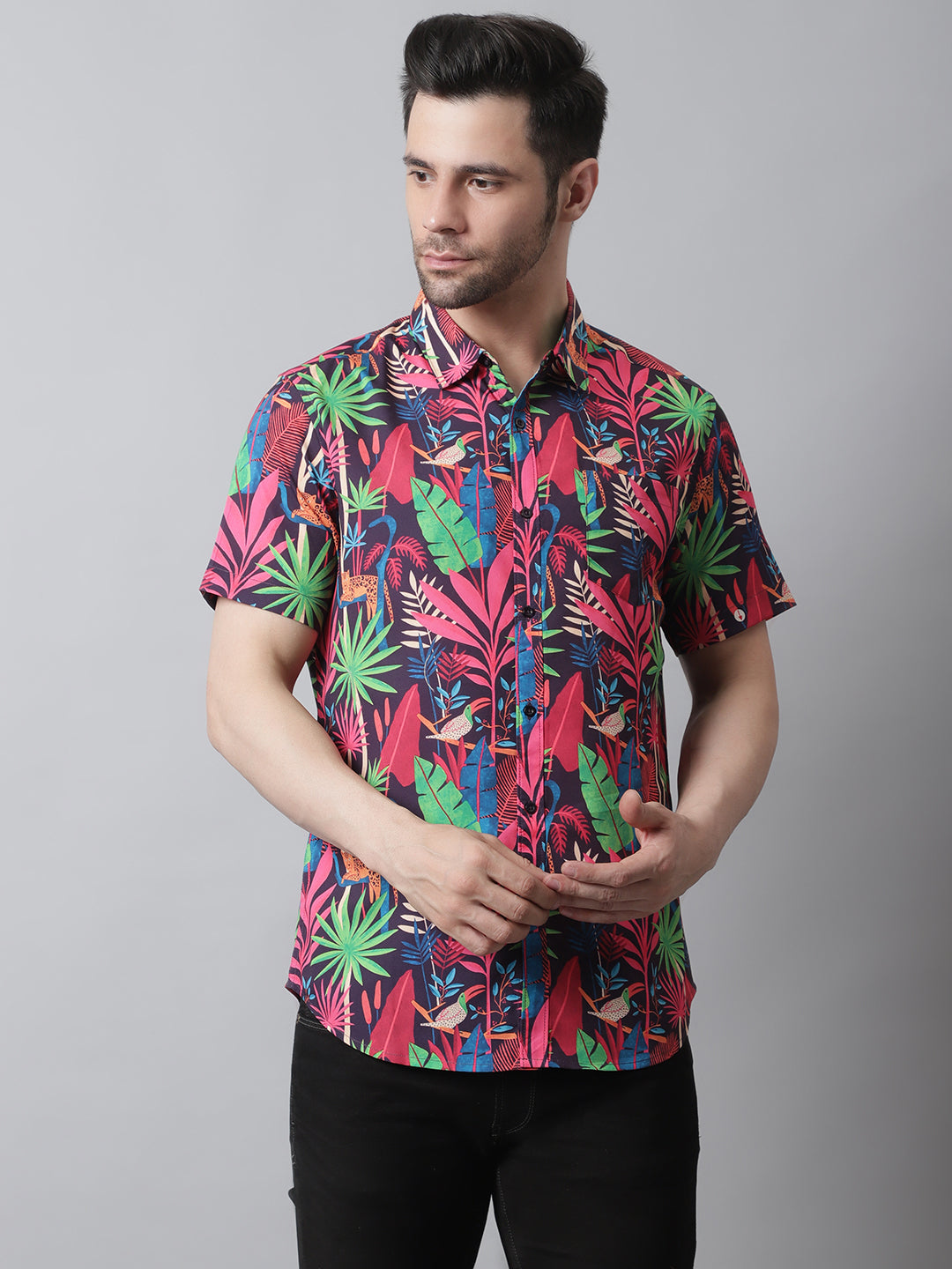 Style Quotient Men Red and Multi Tropical Print Polyester Relaxed Smart Casual Shirt-Shirts-StyleQuotient