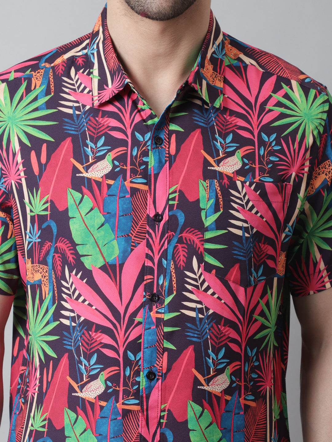 Style Quotient Men Red and Multi Tropical Print Polyester Relaxed Smart Casual Shirt-Shirts-StyleQuotient