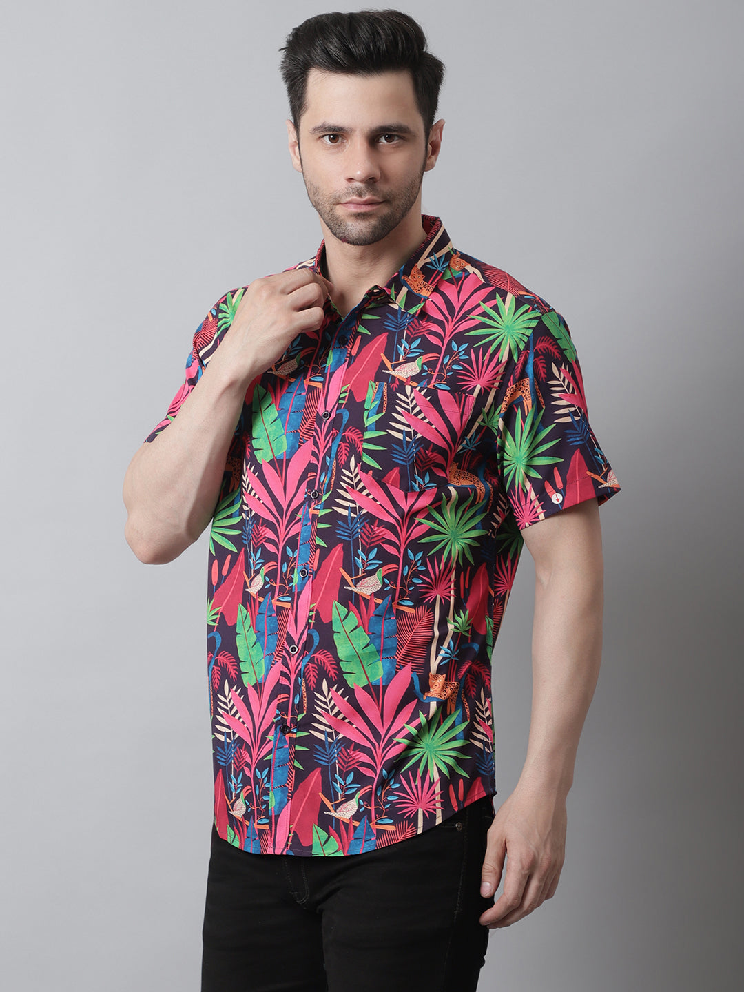 Style Quotient Men Red and Multi Tropical Print Polyester Relaxed Smart Casual Shirt-Shirts-StyleQuotient