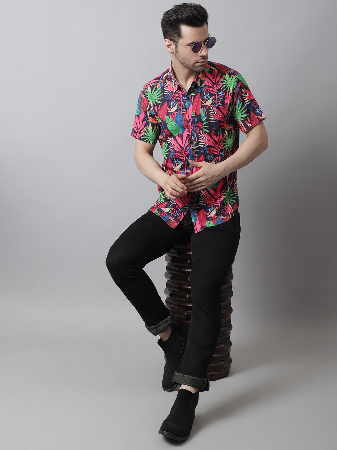 Style Quotient Men Red and Multi Tropical Print Polyester Relaxed Smart Casual Shirt-Shirts-StyleQuotient