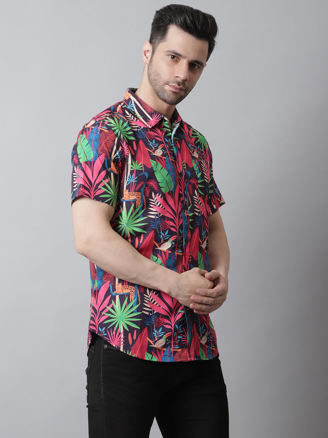 Style Quotient Men Red and Multi Tropical Print Polyester Relaxed Smart Casual Shirt-Shirts-StyleQuotient