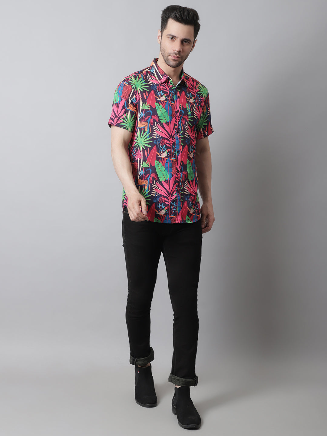 Style Quotient Men Red and Multi Tropical Print Polyester Relaxed Smart Casual Shirt-Shirts-StyleQuotient