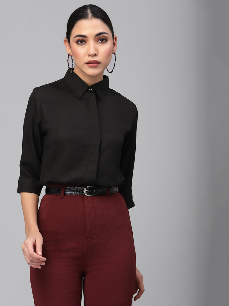 Style Quotient Women Solid Black Polymoss Regular Formal Shirt-StyleQuotient