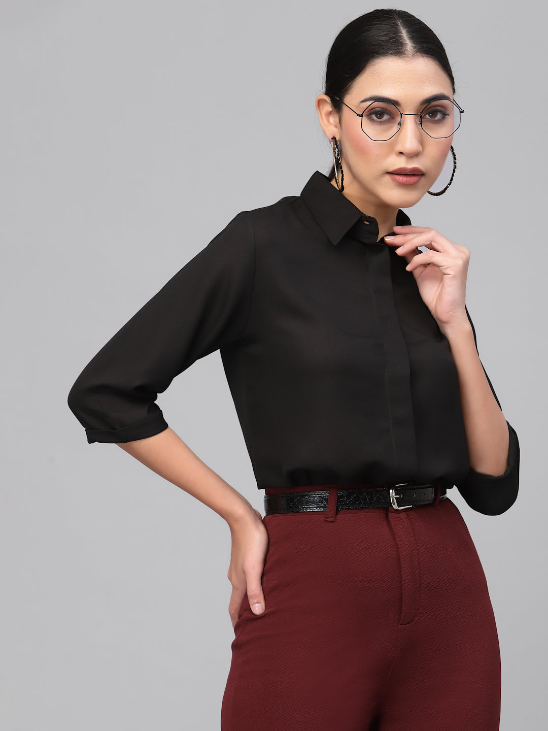 Style Quotient Women Solid Black Polymoss Regular Formal Shirt-StyleQuotient