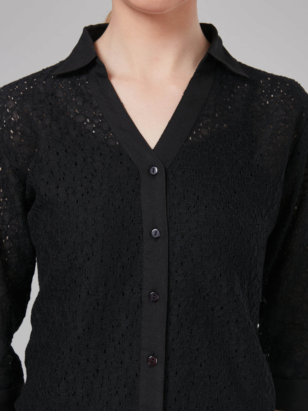 Style Quotient Women Black Self Design Cotton Regular Smart Casual Shirt-Shirts-StyleQuotient