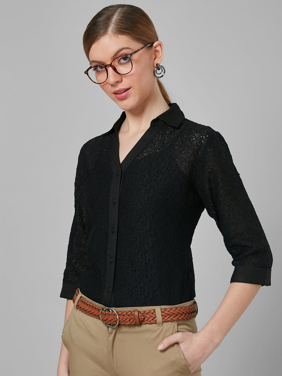 Style Quotient Women Black Self Design Cotton Regular Smart Casual Shirt-Shirts-StyleQuotient